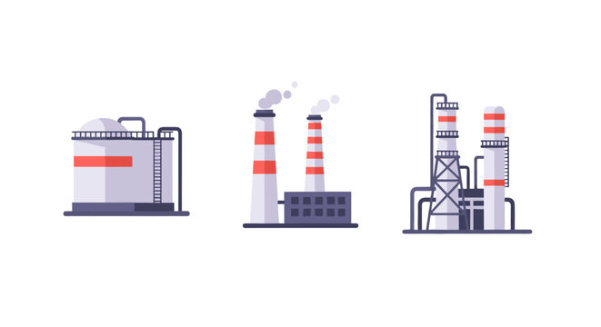 Industrial icons set with factories and refineries in flat design
