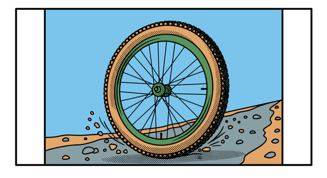 Vibrant pop art bicycle wheel rolling through puddles
