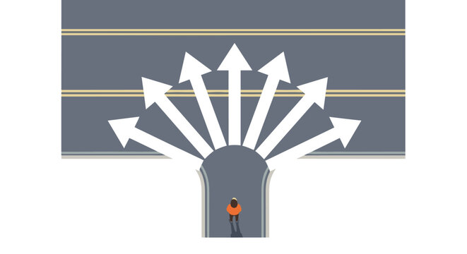 Person standing at diverging paths with arrows pointing in different directions