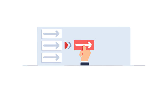 Hand selecting red arrow on digital interface for navigation or decision making
