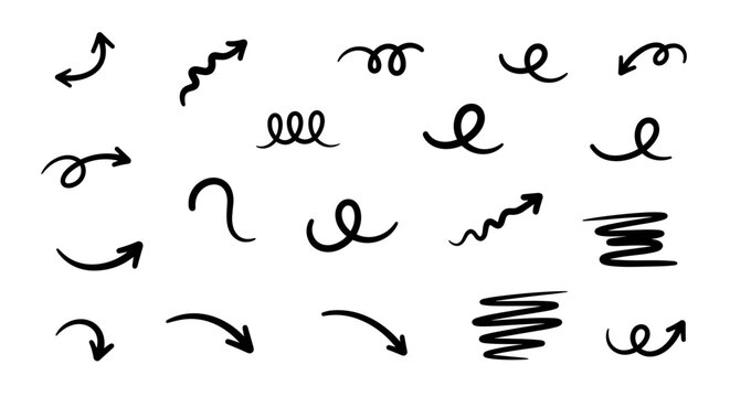 Hand drawn curvy arrow set with swirls and twists for creative designs