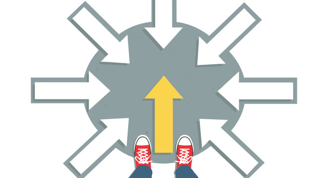 Decision point concept with arrows and sneakers highlighting choice and direction