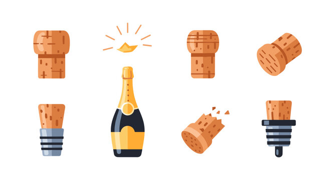 Colorful champagne corks and bottle collection