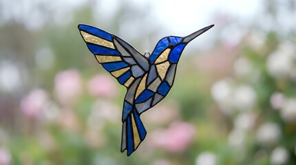 Fototapeta premium Stained glass hummingbird with blue and yellow wings against blurred spring garden background. Decorative art piece for home decor and nature themes.