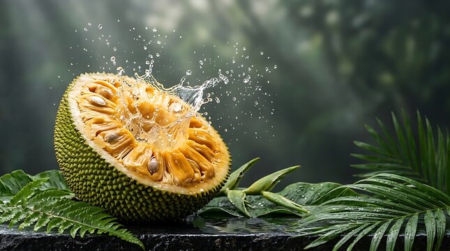 Cempedak (Artocarpus integer) matang segar dengan cipratan air di alam terbuka latar belakang hutan tropis yang hijau dan artistik