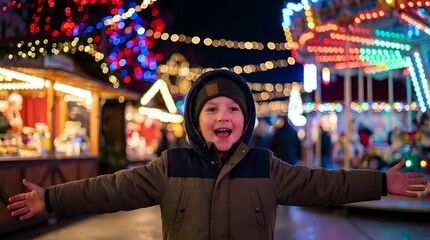 Fototapeta premium Young boy with arms outstretched enjoying festive carnival atmosphere with colorful lights and carousel in background during evening celebration.