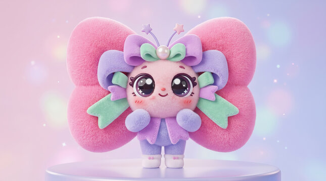 Cute cartoon butterfly character with large pink wings and purple bow stands on a pedestal against a soft pastel background with bokeh lights.