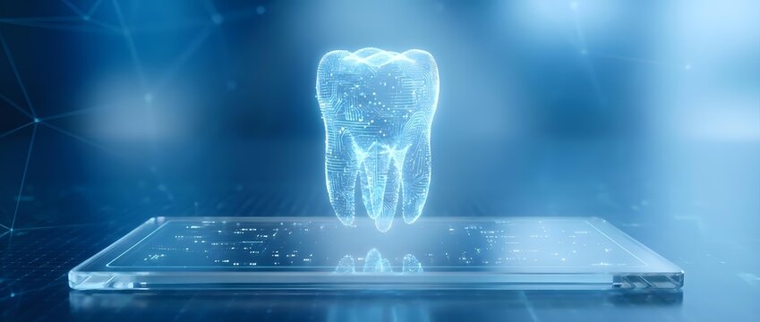 Digital holographic tooth projection on futuristic tablet screen for dental technology and healthcare innovation applications in modern medical practice.