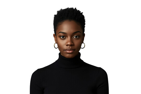 Young adult black woman with short hair and a serious expression, facing the camera directly, featuring a transparent background