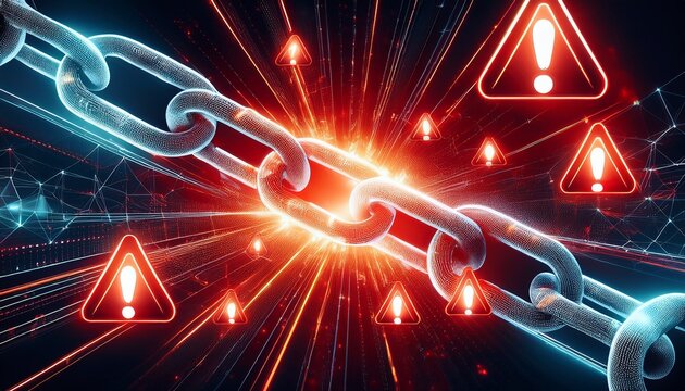 glowing digital chain link breaking apart with red warning symbols concept of cybersecurity breach and network vulnerability