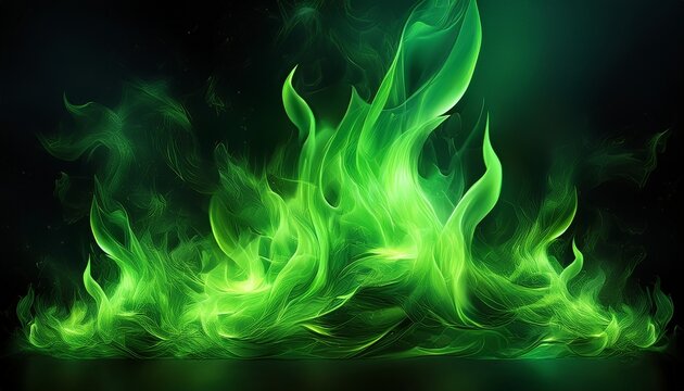 intense green fire flames burning brightly against a dark black background