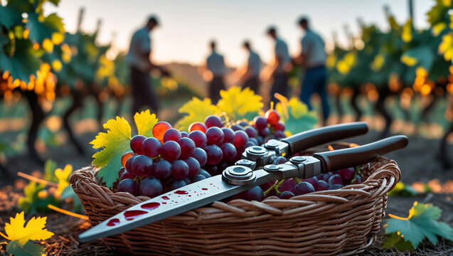 Close-up of garden shears with grape juice drops lying on a wicker basket full of red grapes, with blurred harvesters in the background at sunset