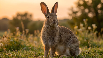 Obraz premium Serene Sunset: A Calm Rabbit in a Field of Wildflowers