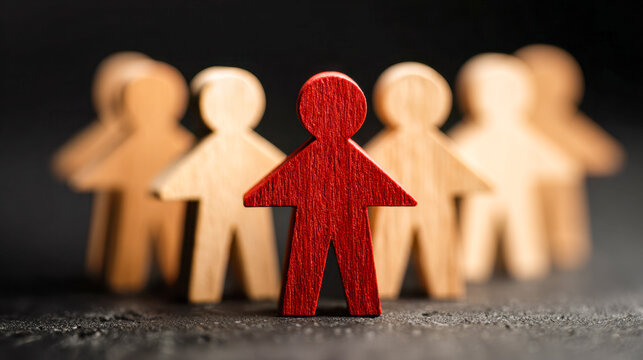 Red wooden figure standing out from a group of natural wood figures symbolizing leadership, uniqueness, and individuality in a blurred dark background setting