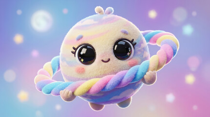 Fototapeta premium Cute cartoon planet character with rainbow ring floating in colorful bokeh space background