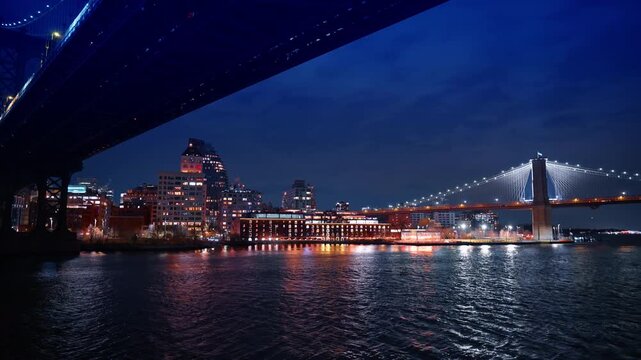 Manhattan Bridge and Brooklyn skyline at night over East River. Night cityscape featuring the Manhattan Bridge and shoreline buildings reflected in the water.
