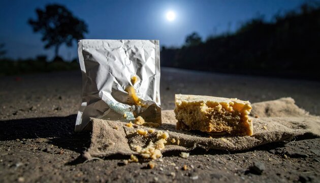 Crumpled empty ration pack and half-eaten piece of hardtack scattered on the ground at night under moonlight.
