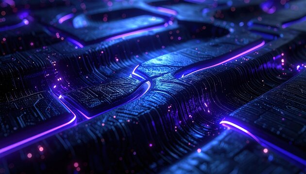 Intricate superconducting quantum circuit pathways illuminated with vibrant neon blue and purple light