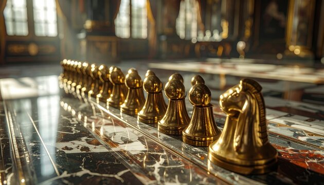 Polished Brass Chess Pieces Lined Up on a Marble Board in a Grand Interior