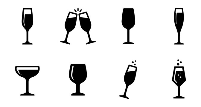 Champagne glass icons, 8 black wine glass vectors, toast and drink symbols