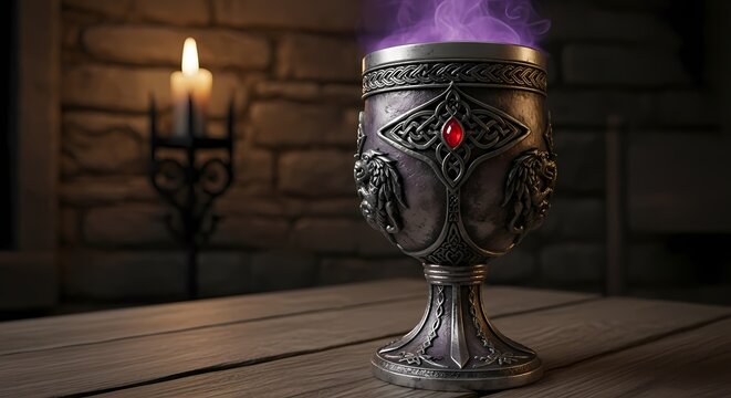 Gothic silver chalice with red gem on wooden table in candlelit medieval setting