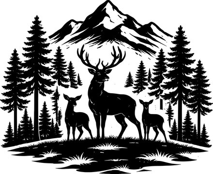 Mountain deer family landscape with buck and fawns vector silhouette illustration cricut eps