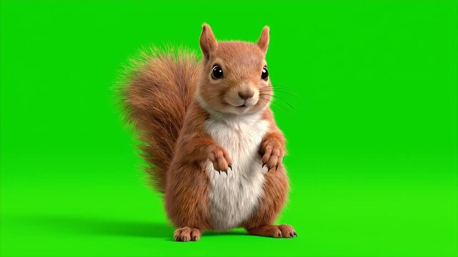 A 3D Render Of A Cute Red Squirrel Standing On A Green Screen Isolated Background With Detailed Fur Texture and Bright Eyes