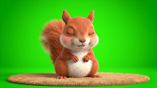 A Cheerful Animated Red Squirrel with Bushy Tail and Big Eyes Stands on a Patch of Gravel Against a Vibrant Green Screen