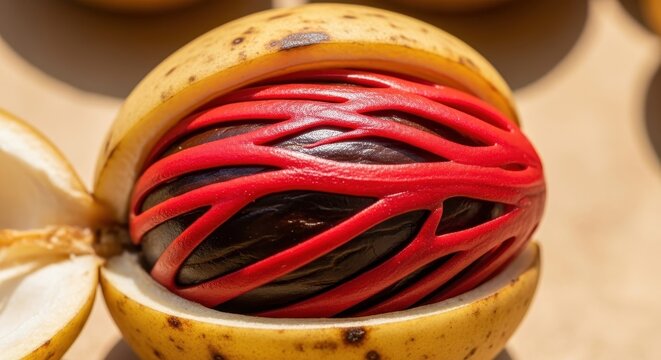 A close-up of a cacao pod with red and brown cacao beans inside cacao pod red cacao beans brown caca