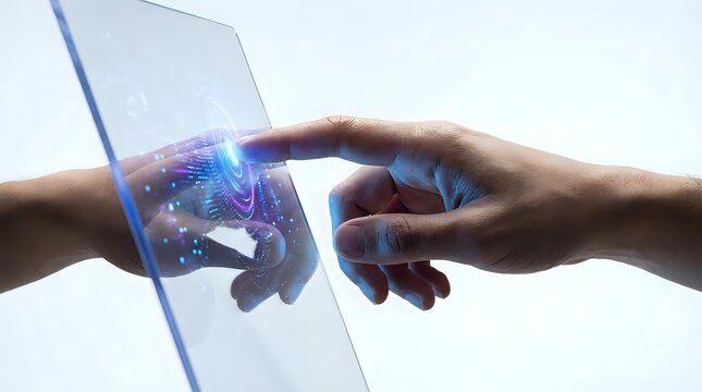 Human hands reaching toward each other through transparent digital interface with glowing blue energy connection representing technology and human interaction.