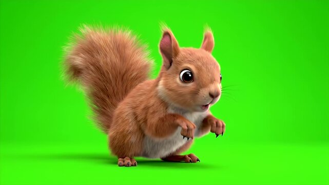 Adorable Red Squirrel Character With Fluffy Tail and Big Eyes Sitting on Green Screen With Dust Particles Floating Around Its