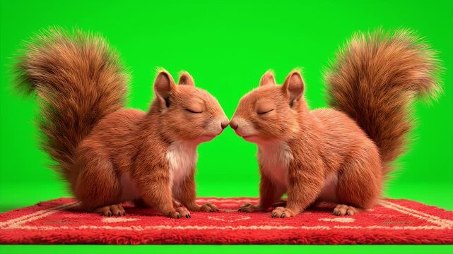 Two Adorable Red Squirrels with Fluffy Tails Facing Each Other on a Red Textured Rug with a Vibrant Green Screen Background