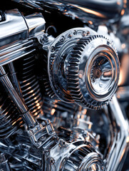 Fototapeta premium Shiny metallic motorcycle engine parts reflecting light and showcasing intricate mechanical design and craftsmanship in a close view of a powerful motorbike componen