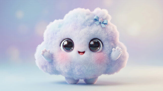 Cute fluffy cloud character with big eyes and blue bow waving happily in soft pastel background