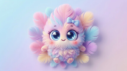 Fototapeta premium Cute fluffy pastel creature with big eyes and colorful feather like hair against soft gradient background