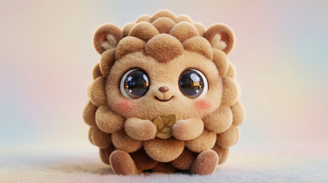 Cute fluffy hedgehog plush toy with big eyes holding a nut against soft pastel background