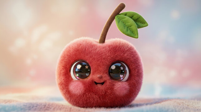 Cute fluffy red apple character with big eyes and green leaves on stem against soft pastel background