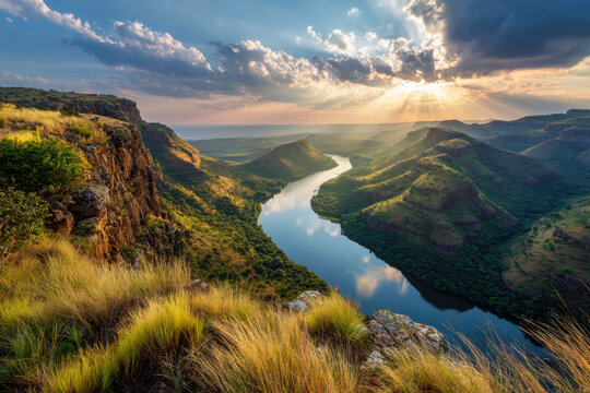 Serene river winding through lush green mountainous landscape under dramatic sky with sun rays breaking through clouds at golden hour in nature reserve