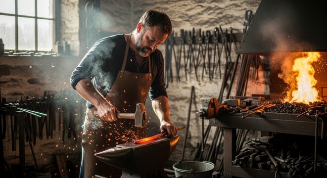 A blacksmith working in a traditional workshop with a large fire burning in the background