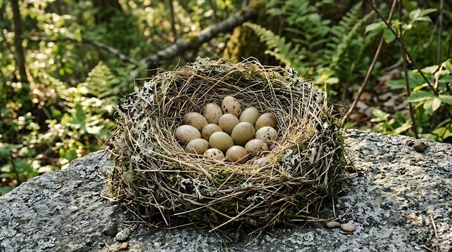 Sarang telur burung di alam terbuka, tampilan alami dan alami di lingkungan hutan
