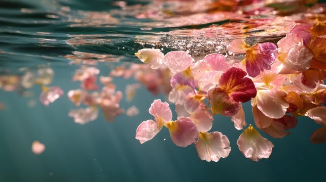 Floating flower petals beneath the sea surface with refracted light and tranquil motion, surreal premium concept aesthetic, clean detail and elegant spacing, soft warm daylight