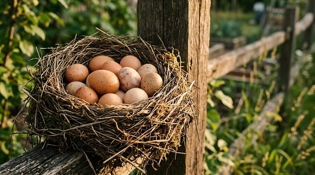 Telur ayam di dalam sarang dari cabang dan daun kering, konsep farm dan peternakan