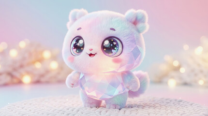 Fototapeta premium Cute glowing crystal cat toy with big eyes standing on soft white rug against pink bokeh background