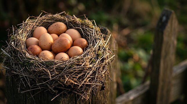 Telur ayam kampung segar dalam sarang alami di alam terbuka