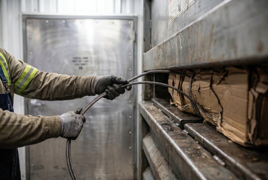 Worker in safety gear pulling thick steel cables on an industrial cardboard baler machine