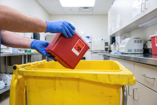 Medical worker wearing blue gloves disposing of a red biohazard sharps container into a yellow bin
