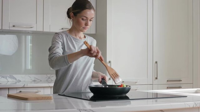 Woman cooking vegetables in a pan in a modern kitchen. Focused female preparing meal by stirring healthy food on a kitchen stove. Home culinary lifestyle concept for everyday healthy cooking process