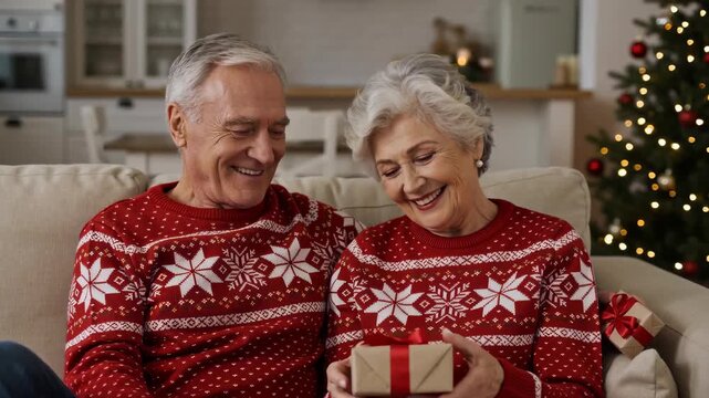Elderly man and woman in sweaters exchanging Christmas gift at home. Happy senior couple sitting on sofa near pine tree celebrating winter holiday. Retirement lifestyle and festive family tradition