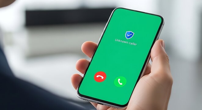 Ponsel menampilkan layar panggilan masuk dari penelepon tidak dikenal, dengan opsi terima dan tolak panggilan