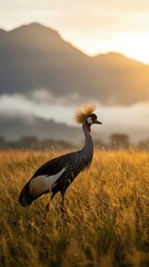 Fototapeta premium Crowned crane standing in golden grassland at sunset with mountains in background, wildlife photography showcasing African bird species in natural habitat.